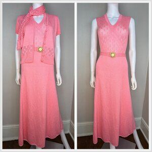 Vintage 1970s St John Knits Pink Sleeveless Maxi Dress Cardigan Sweater Scarf XS